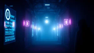 Illustration representing the hidden wiki dark web with glowing .onion links in a mysterious alleyway.