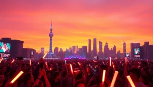 BTS news captures an energetic crowd celebrating with vibrant light sticks during a concert.