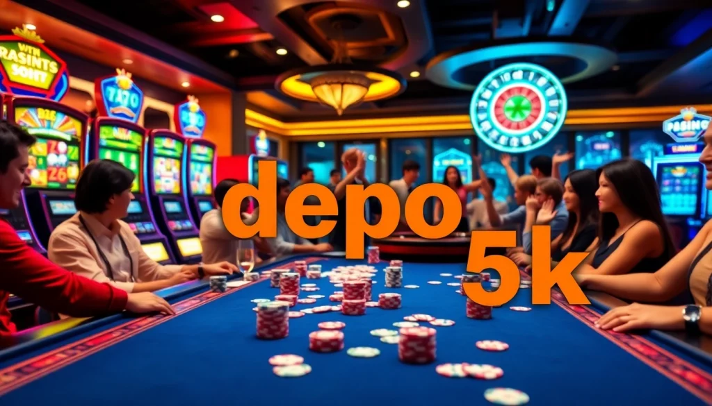 Players engaging at a vibrant casino table with depo 5k minimum bets, celebrating winnings amid colorful machines.