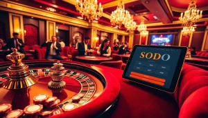 SODO casino players excitedly betting at a luxurious roulette table with vibrant colors.