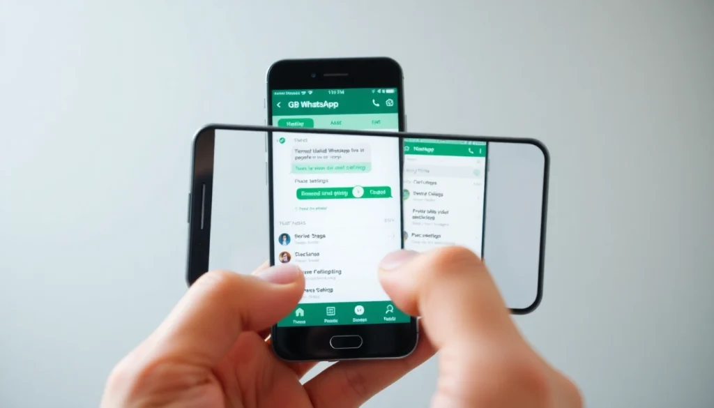 Explore the innovative features of GB WhatsApp with a dynamic smartphone interface showcasing customizable options.