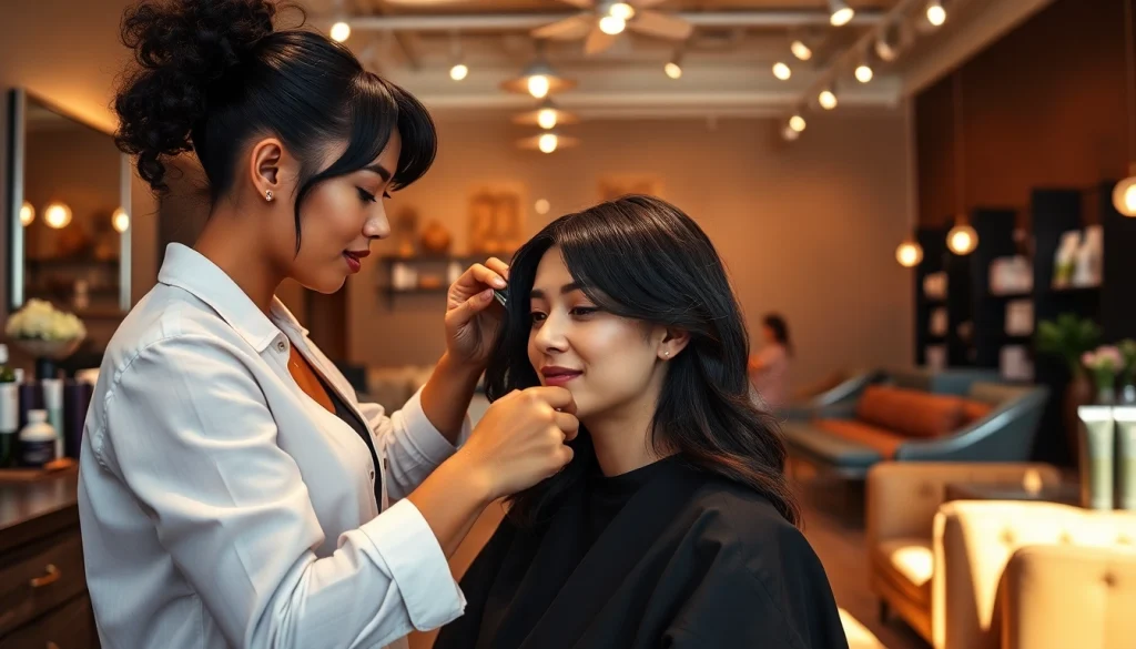 Perm san diego experience at Omnia Salon, showcasing a stylist and client in a welcoming atmosphere.