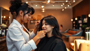 Perm san diego experience at Omnia Salon, showcasing a stylist and client in a welcoming atmosphere.