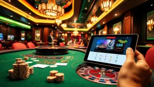 S88 bet players strategizing at a stylish poker table in a luxurious casino setting.