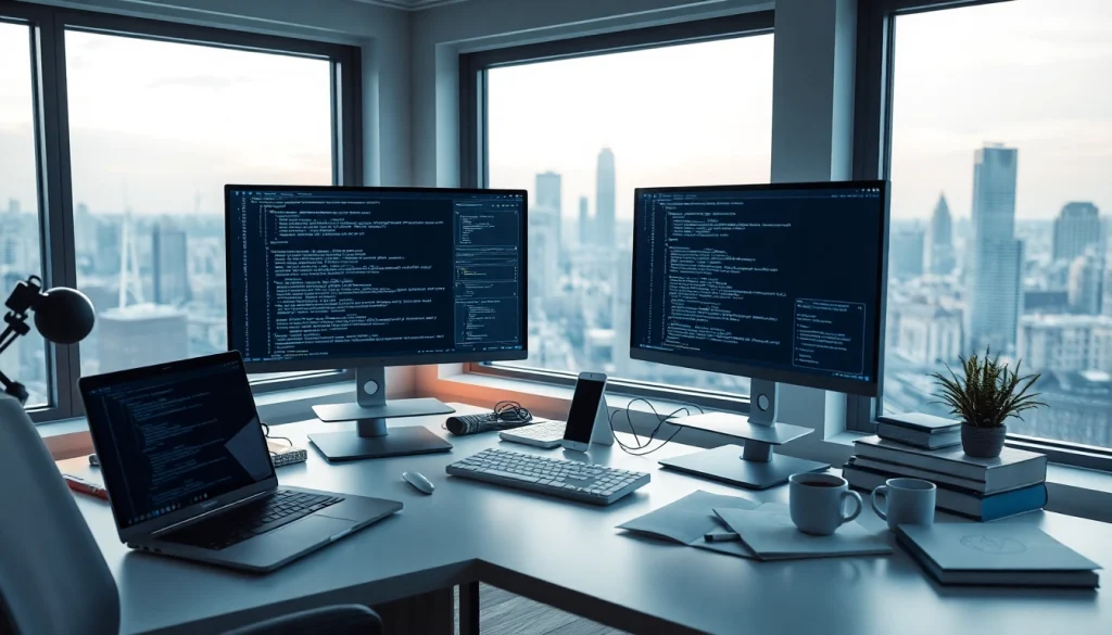 Software engineering workspace with dual monitors and city skyline view.