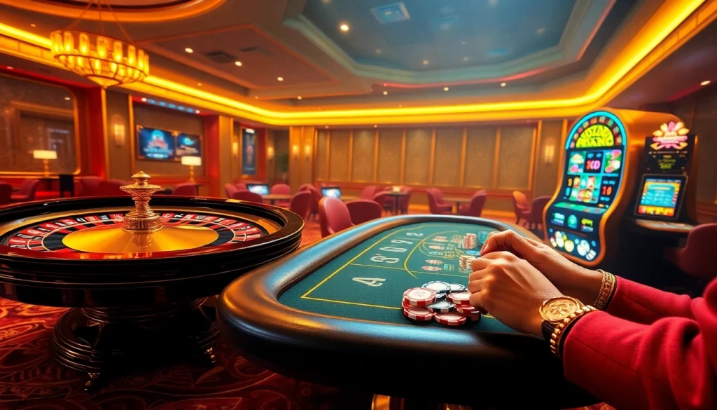 Engage with 13Win's vibrant casino atmosphere showcasing luxury gaming elements like roulette and slot machines.
