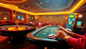 Engage with 13Win's vibrant casino atmosphere showcasing luxury gaming elements like roulette and slot machines.