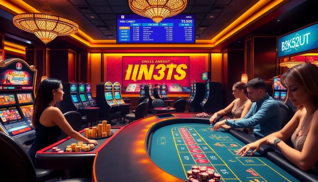 Engaged gamblers immerse in mk8th.net's luxurious casino experience, showcasing vibrant gaming tables and slots.