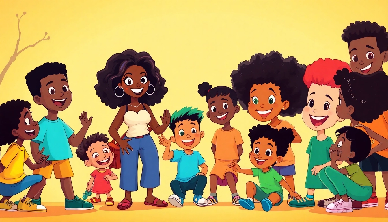Vibrant scene featuring African American cartoons with diverse characters engaging joyfully in a colorful animated world.